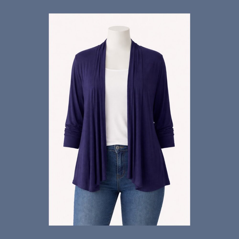 Always Indigo Cardigan 1X Purple Open Front Lightweight Stretch Plus Size